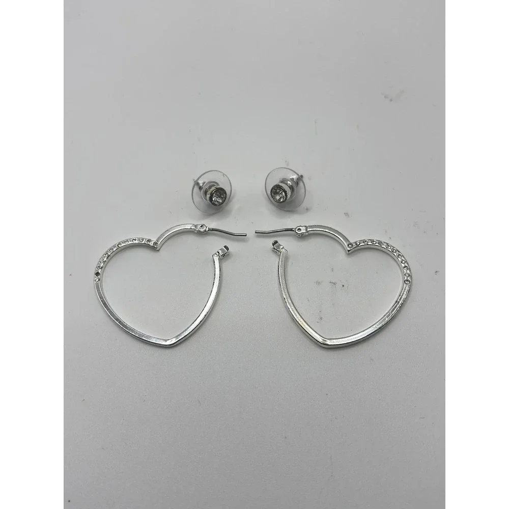 Candies‎ Silver Tone Heart Hoop Rhinestone Earrings and Stud Set 2 Pair New